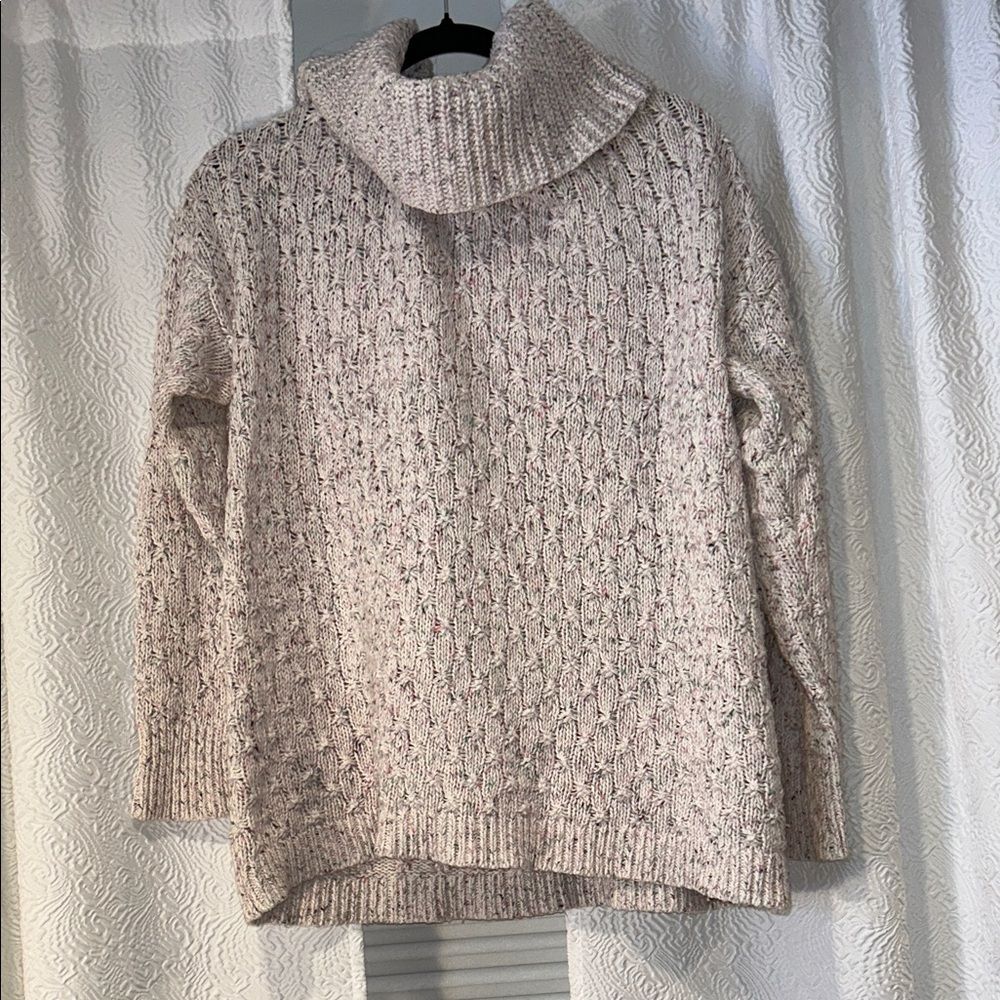 LOFT Textured Knit Cowl Neck Sweater in Cream with Colorful Accents Large